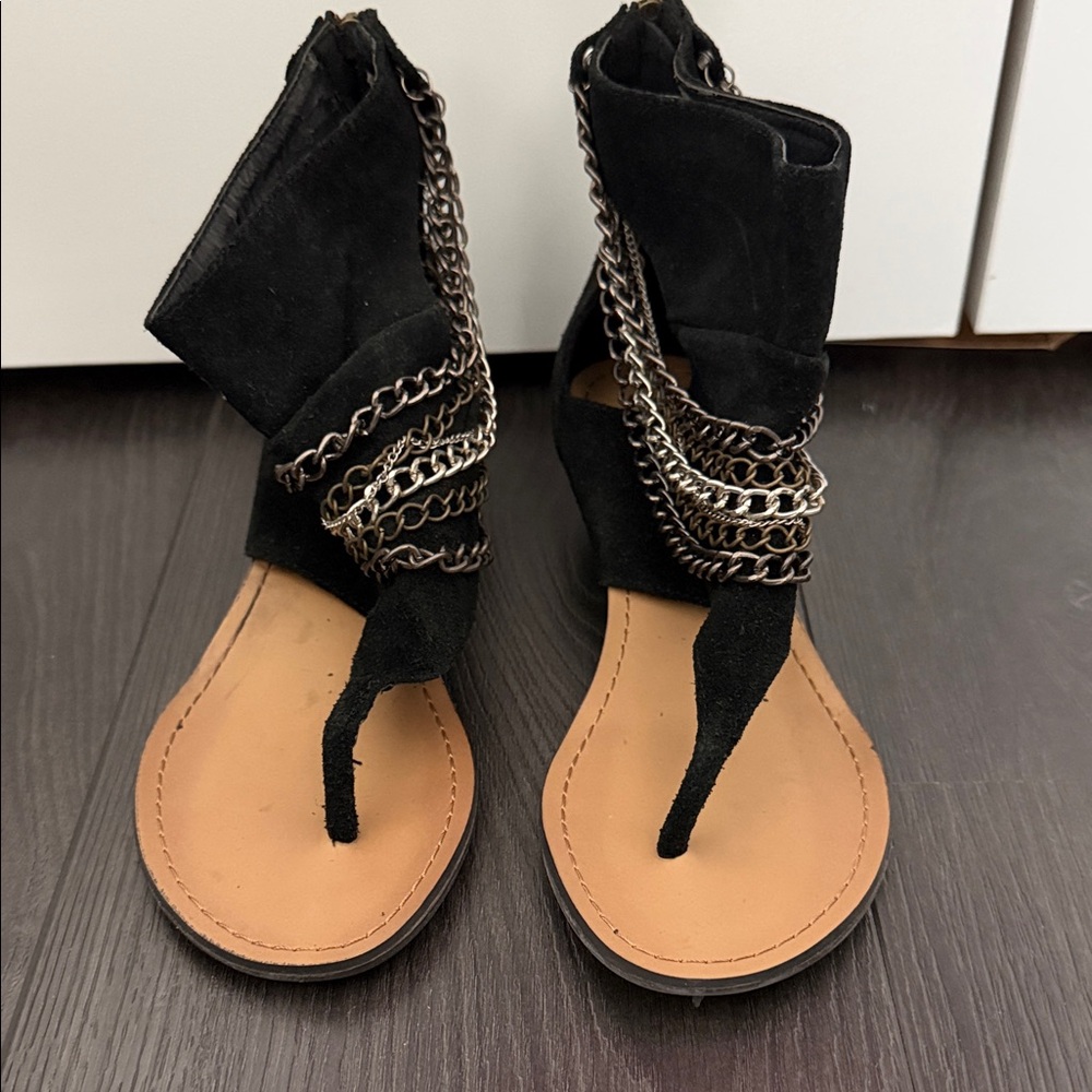 Steve Madden - Black Suede Chain Wrap Thong Sandals